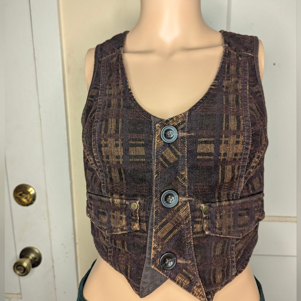 Free People Vintage The Originals Plaid Corduroy Vest Brown Size Small